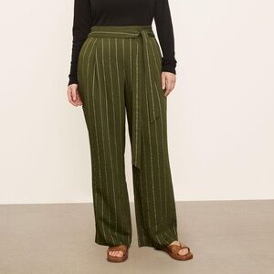 Vince Soft Stripe Belted Pull-On Pants XL Olive Green Wide Leg Trousers